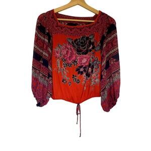 Free People boho flowy top orange pink women's size XS drawstring elastic waist